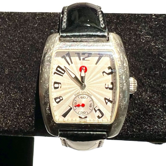 MICHELE MINI URBAN STAINLESS STEEL WATCH WITH BLACK PATENT LEATHER STRAP - Picture 4 of 16